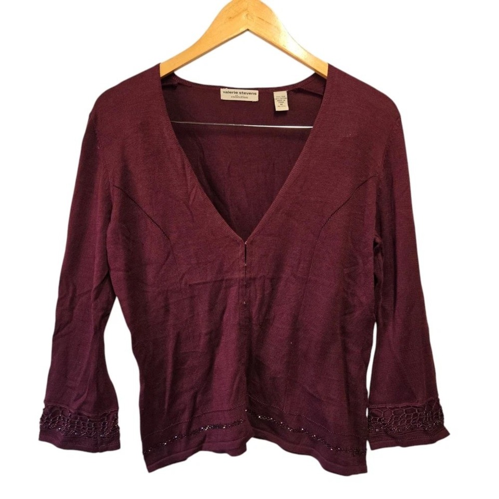 Vintage VALERIE STEVENS Silk Cardigan Burgundy Beaded Lightweight‎ MEDIUM